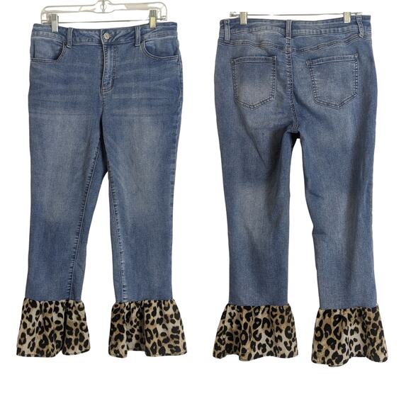 Boho Animal Print Bell-bottom Denim High-rise Jeans Women's Size 10 - Picture 1 of 9